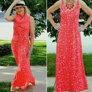 CAbi Women’s Pink Patterned Maxi Dress Sleeveless Ruched Bust Size S